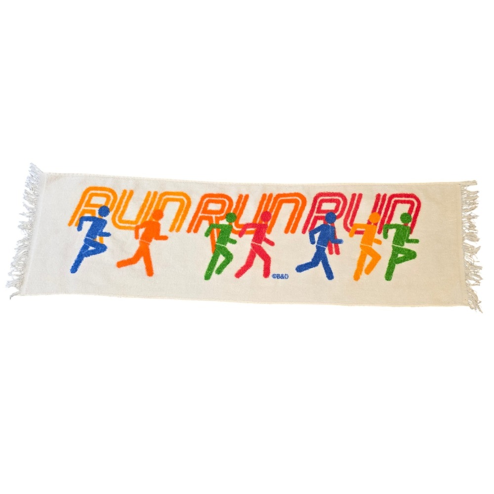 Vintage 70s 80s Run Run Run Graphic Banner Runner Running Towel Fringed B&D